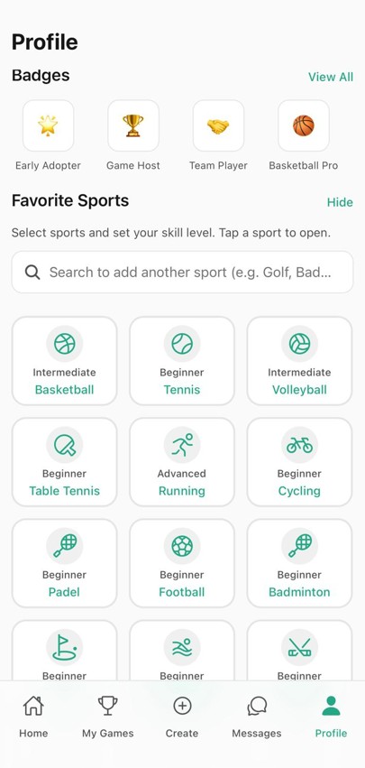 Badges and favorite sports with skill levels