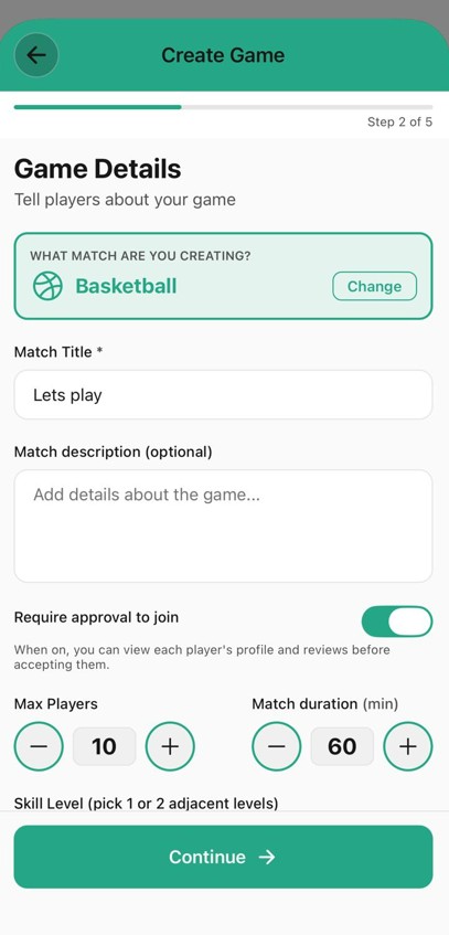 Create Game screen with basketball match setup