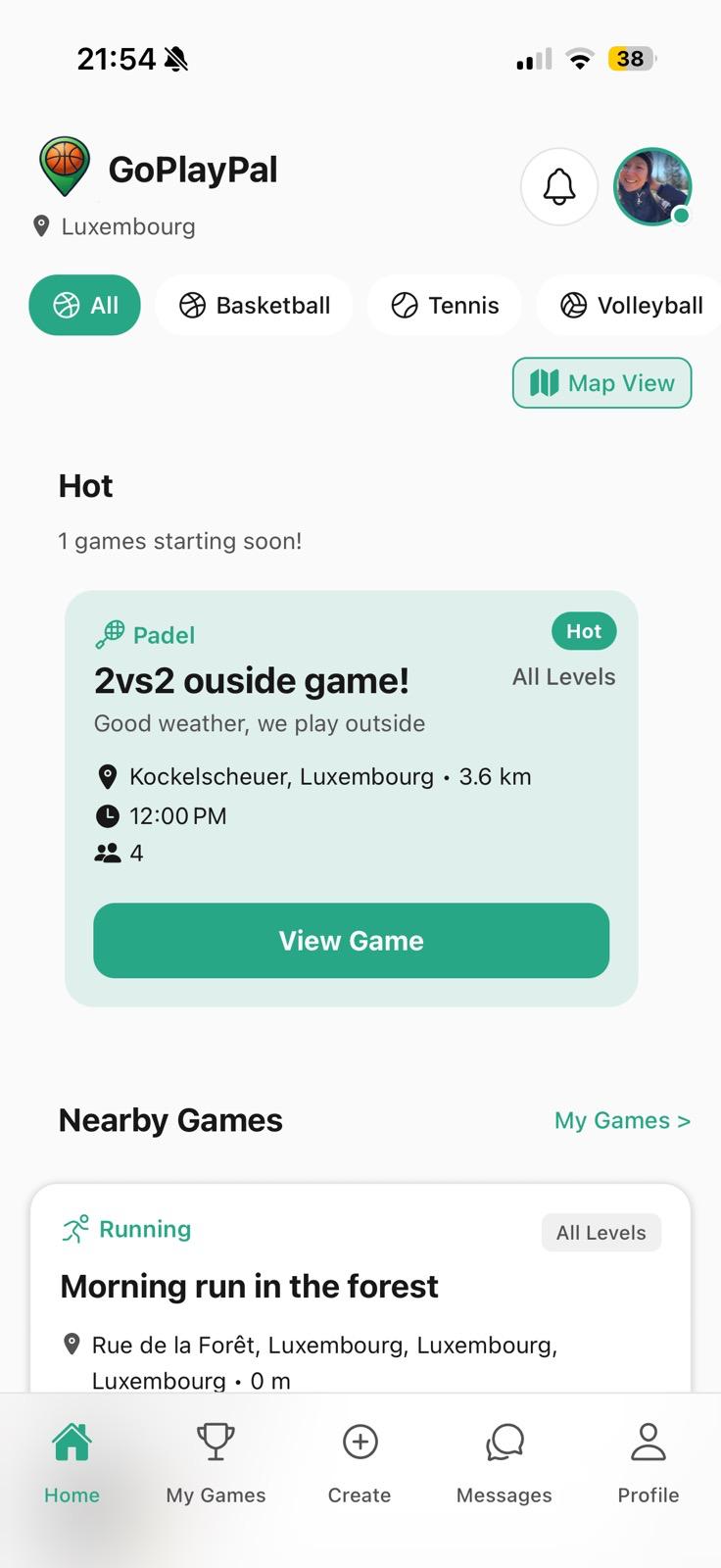 GoPlayPal Home Screen - Discover nearby sports matches